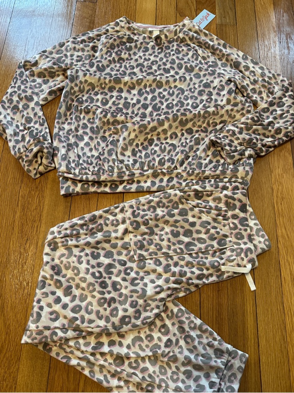 Cat & Jack Cream Pink Taupe Leopard Print Pajama Set, size 14, NWT